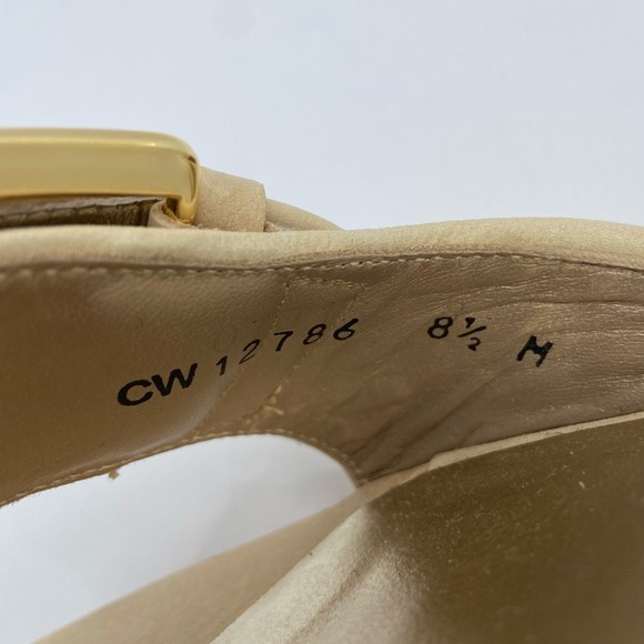 Stuart Weitzman Shoes Womens Size 8.5 Beige Gold Wedge Sandals Slides Buckle - Picture 14 of 15